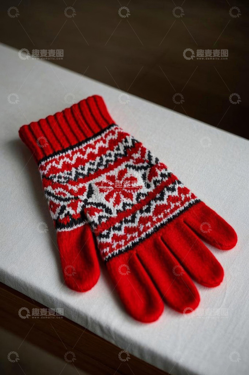 高清大图下载【趣麦麦图】红色花纹保暖手套静物展示