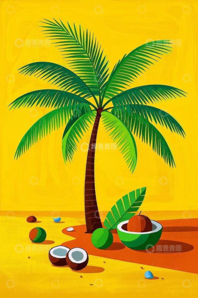 高清大图下载【趣麦麦图】沙滩上的棕榈树与椰子
