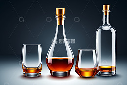 透明酒瓶与盛酒玻璃杯组合