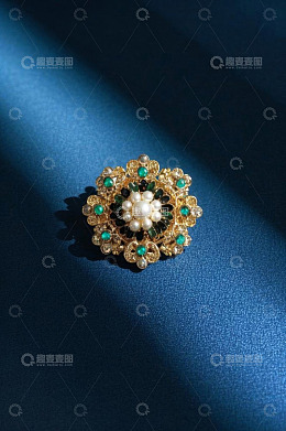 金色宝石珍珠胸针特写