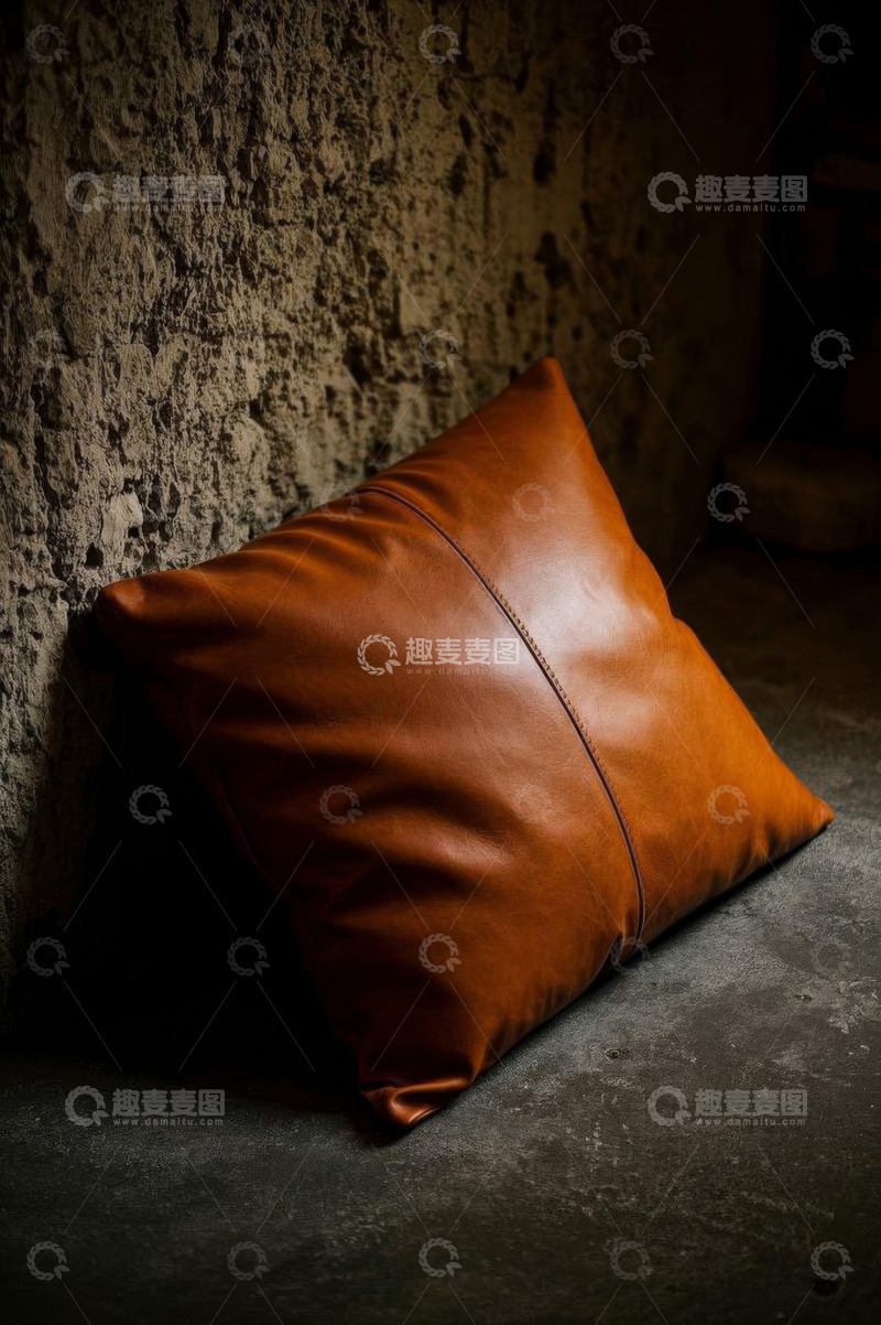 高清大图下载【趣麦麦图】棕色皮革抱枕靠墙特写