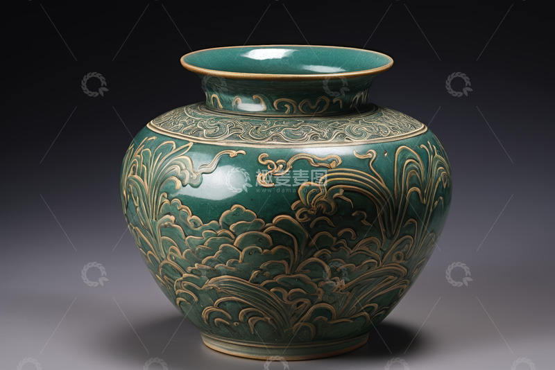 高清大图下载【趣麦麦图】青绿色花纹陶瓷花瓶