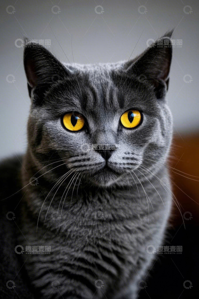 高清大图下载【趣麦麦图】灰猫特写黄眼凝视画面