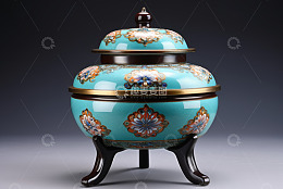 蓝底花卉纹陶瓷盖罐静物