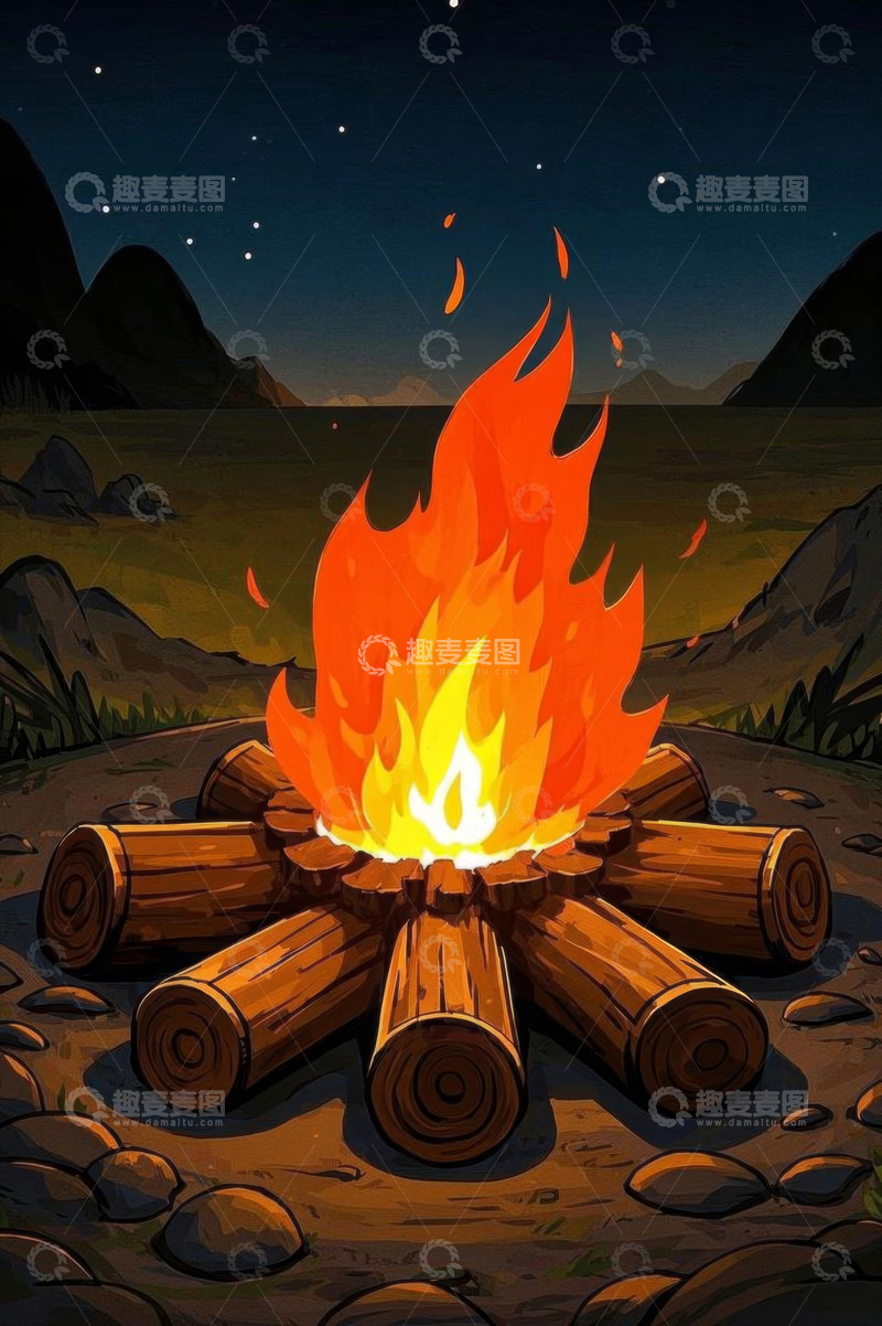 高清大图下载【趣麦麦图】户外夜晚篝火动画场景