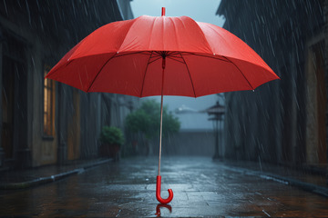 雨中街道上的红色雨伞