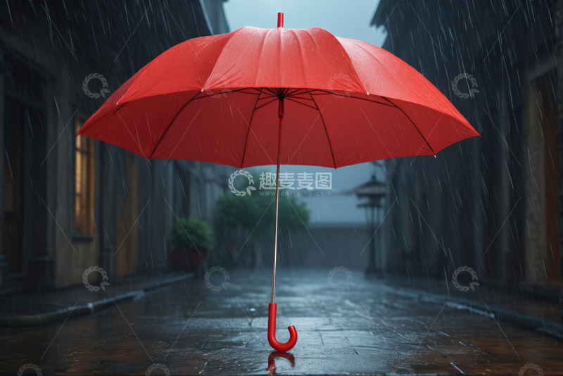 高清大图下载【趣麦麦图】雨中街道上的红色雨伞