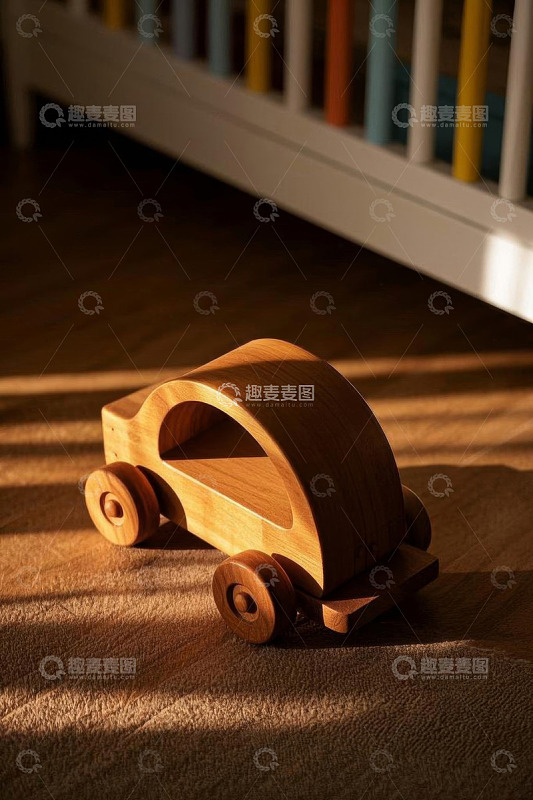 室内地板上的木质玩具小汽车