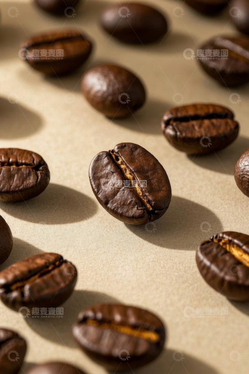 高清大图下载【趣麦麦图】散落在浅色背景上的咖啡豆