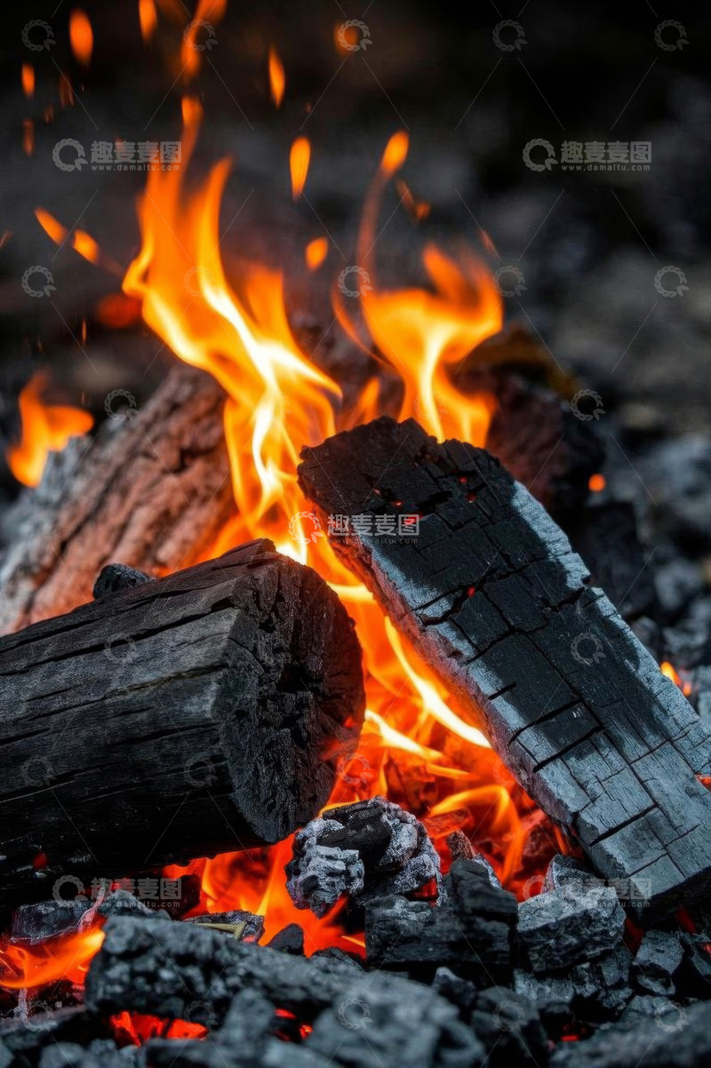 高清大图下载【趣麦麦图】燃烧中的木柴与火焰特写