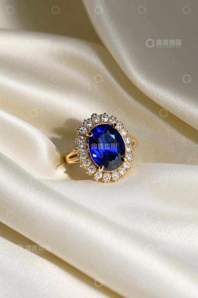 高清大图下载【趣麦麦图】丝绸上的蓝宝石戒指特写