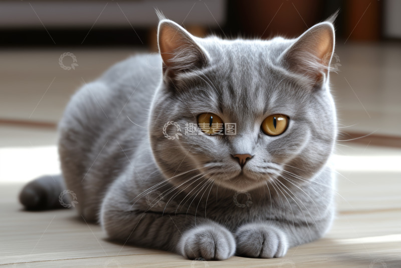 高清大图下载【趣麦麦图】灰色猫咪趴卧凝视特写