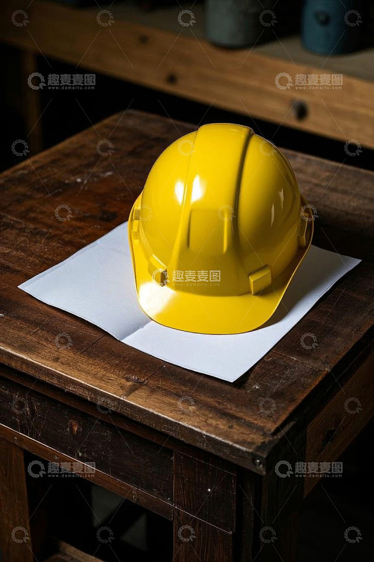 桌上放置的黄色安全帽