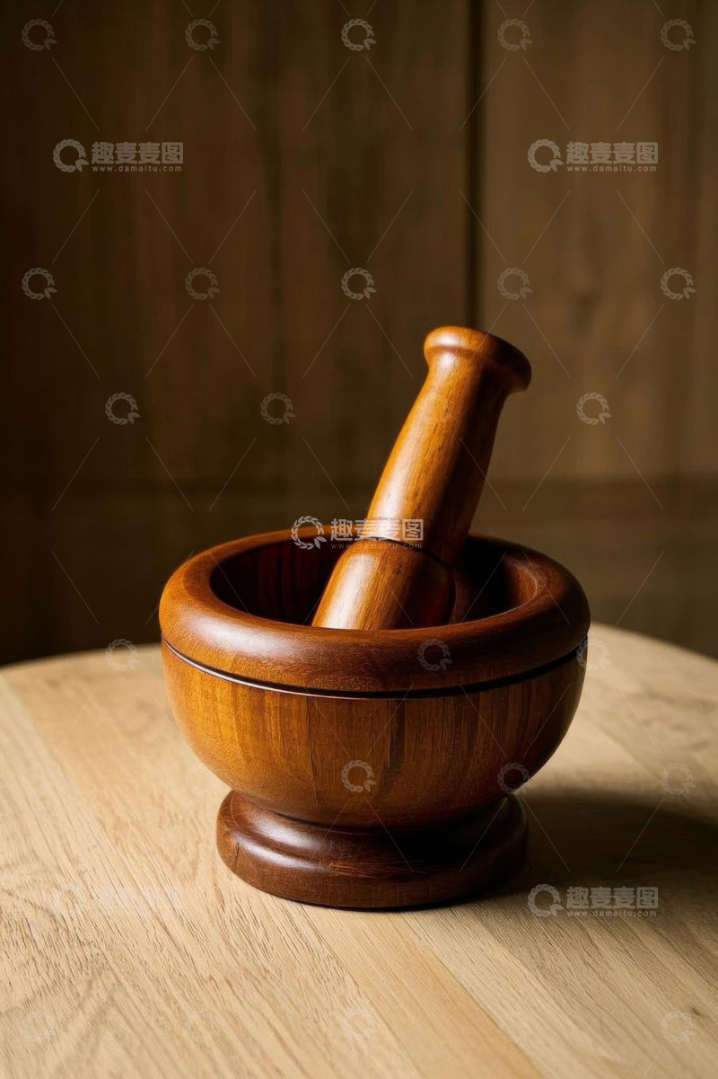 高清大图下载【趣麦麦图】木质研钵与杵静物特写