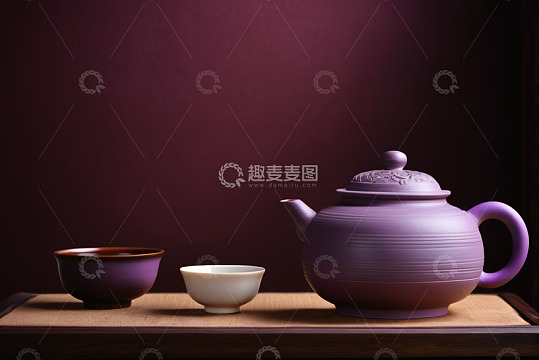 紫色茶壶与茶杯静物展示