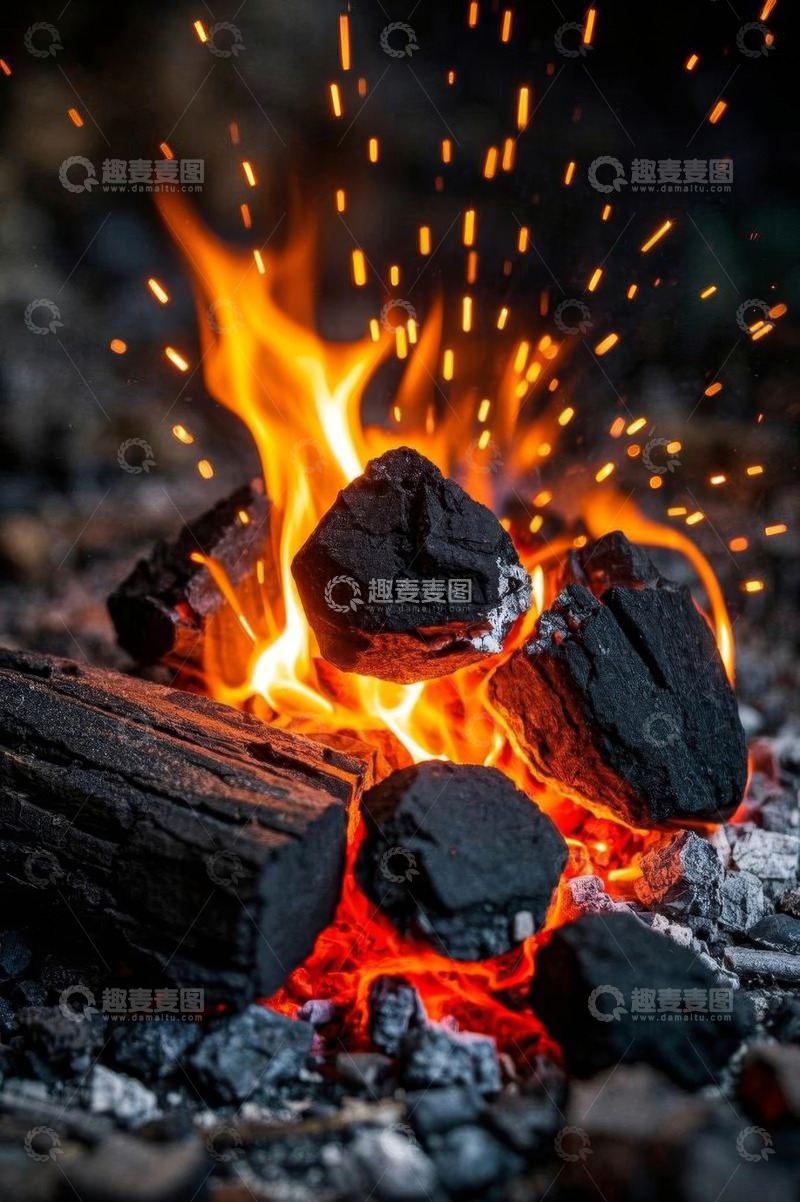 高清大图下载【趣麦麦图】燃烧的炭火与火焰特写