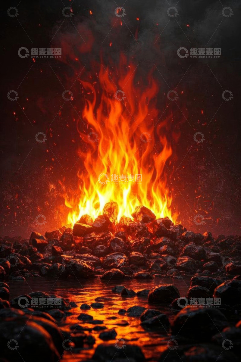 高清大图下载【趣麦麦图】燃烧火焰与石块水面场景