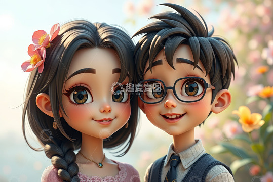 卡通风格男女儿童亲密合照