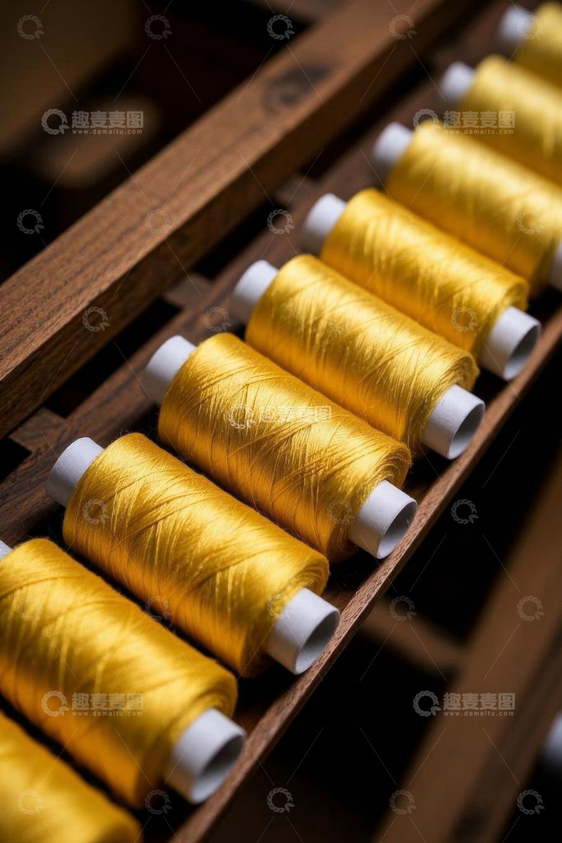 高清大图下载【趣麦麦图】木架上的金黄色缝纫线轴