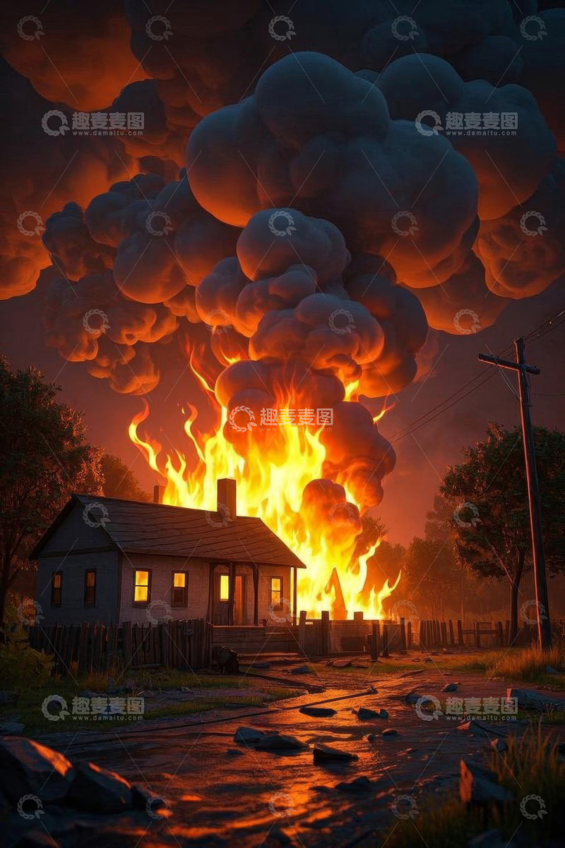 高清大图下载【趣麦麦图】乡村房屋火灾场景