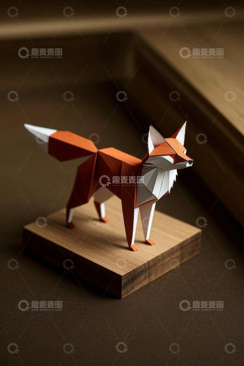高清大图下载【趣麦麦图】几何折纸狐狸摆件特写