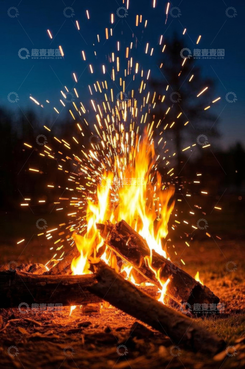 高清大图下载【趣麦麦图】户外燃烧木材的篝火场景