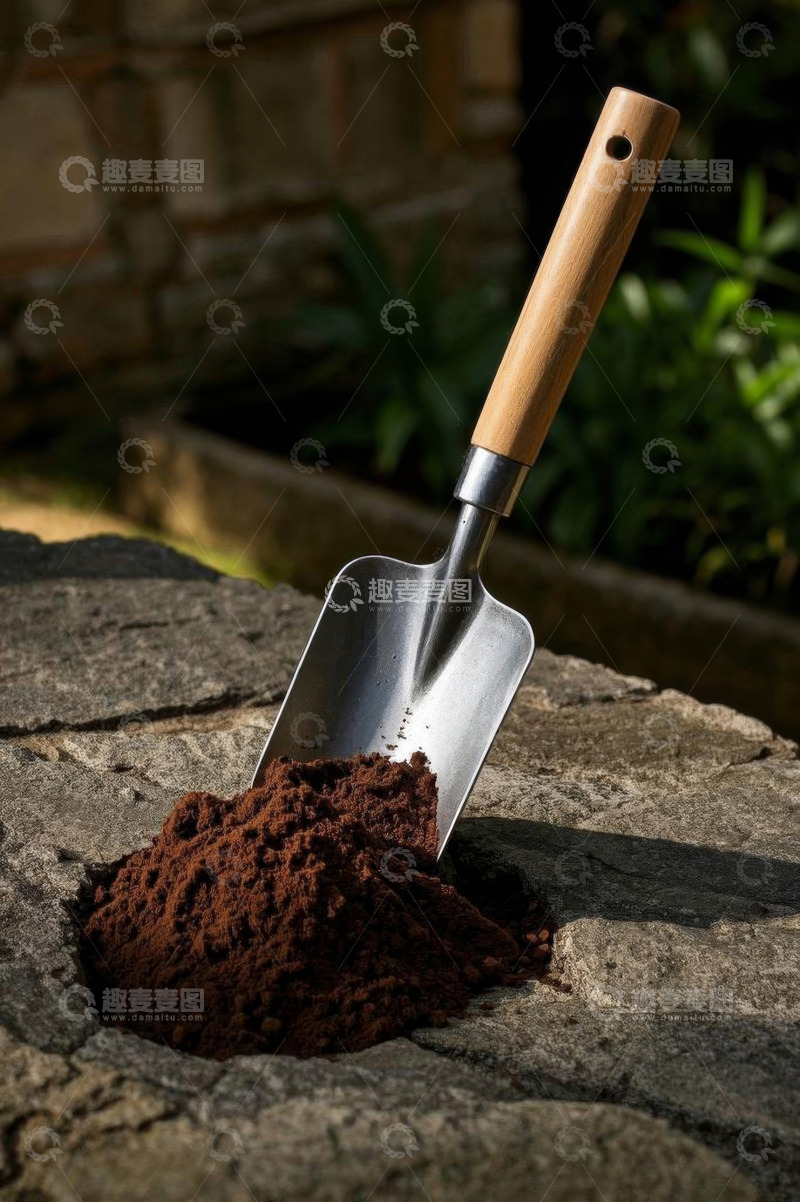 高清大图下载【趣麦麦图】岩石上的园艺小铲子与土壤