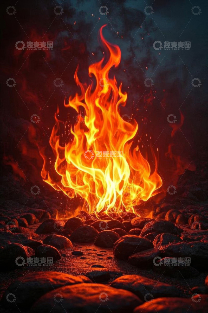 高清大图下载【趣麦麦图】燃烧火焰与地面石块场景