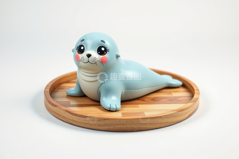 高清大图下载【趣麦麦图】木质托盘上的卡通海豹摆件