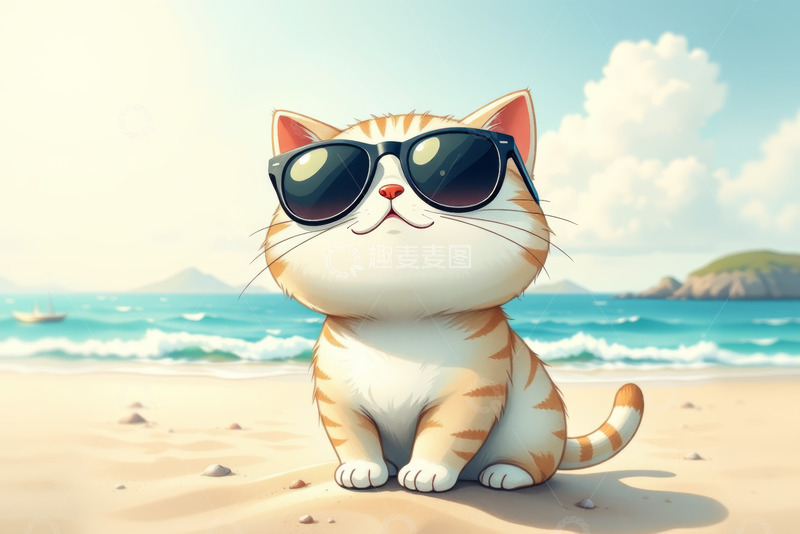 高清大图下载【趣麦麦图】沙滩上戴墨镜的猫咪