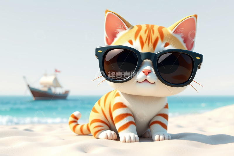 高清大图下载【趣麦麦图】戴墨镜小猫在海滩