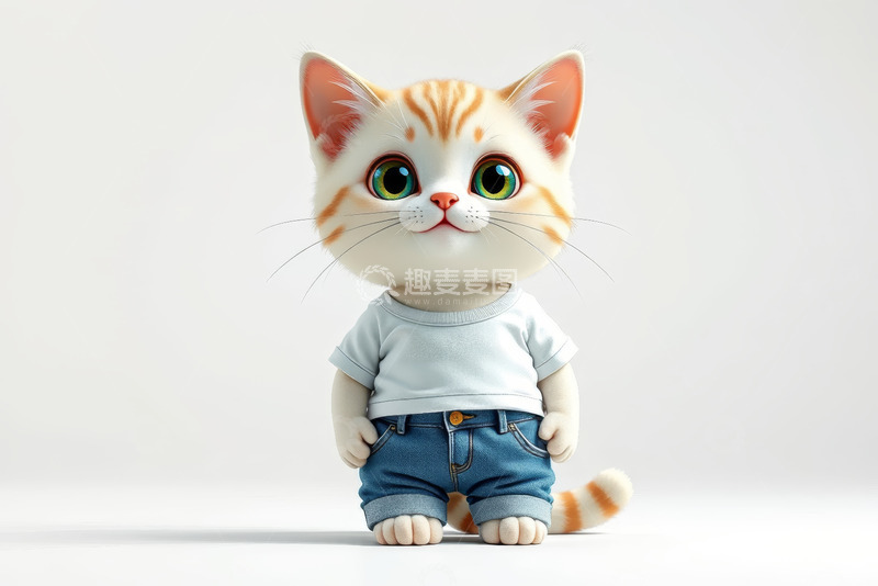 高清大图下载【趣麦麦图】穿T恤牛仔裤的卡通小猫