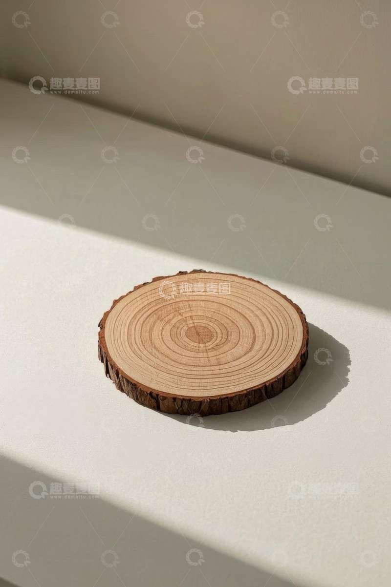 高清大图下载【趣麦麦图】白色台面上的圆形木材切片