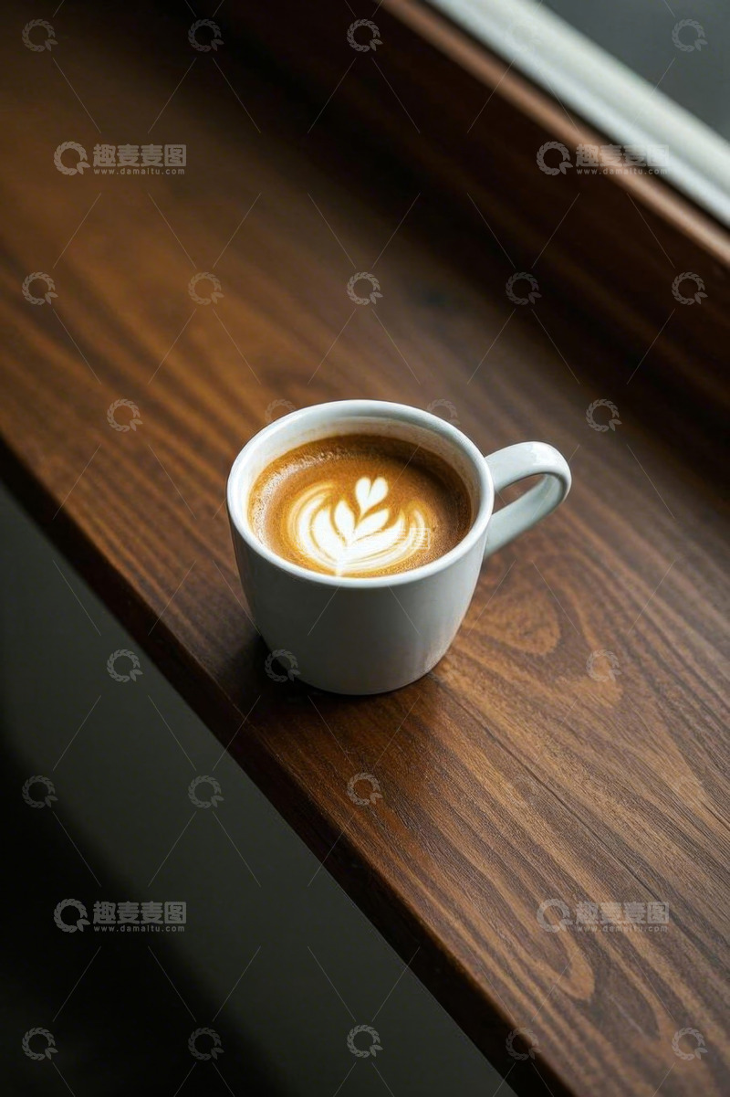 高清大图下载【趣麦麦图】木桌上的拉花咖啡特写