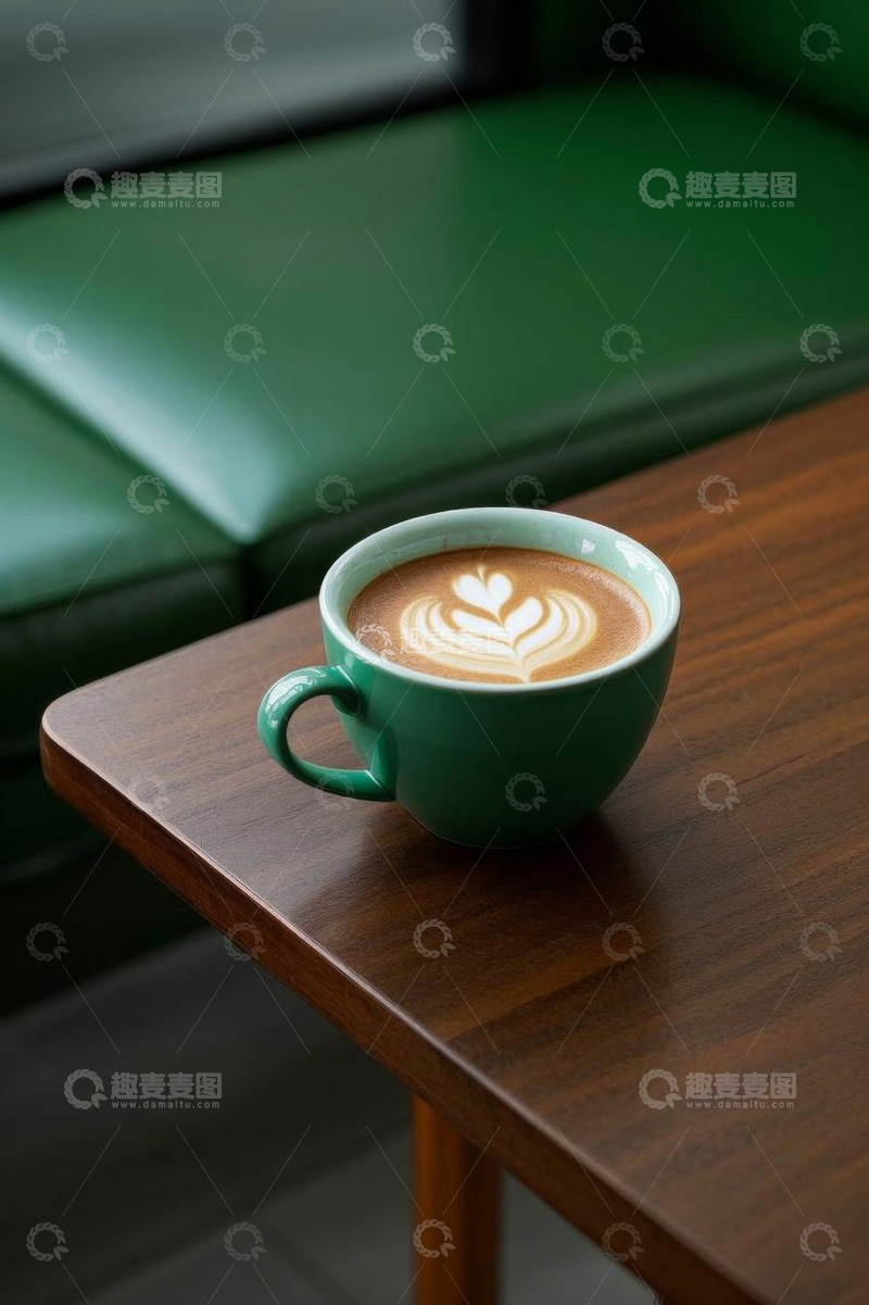 高清大图下载【趣麦麦图】绿色咖啡杯中的拉花咖啡