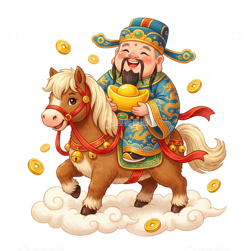 高清大图下载【趣麦麦图】-卡通财神骑马送金元宝春节财神