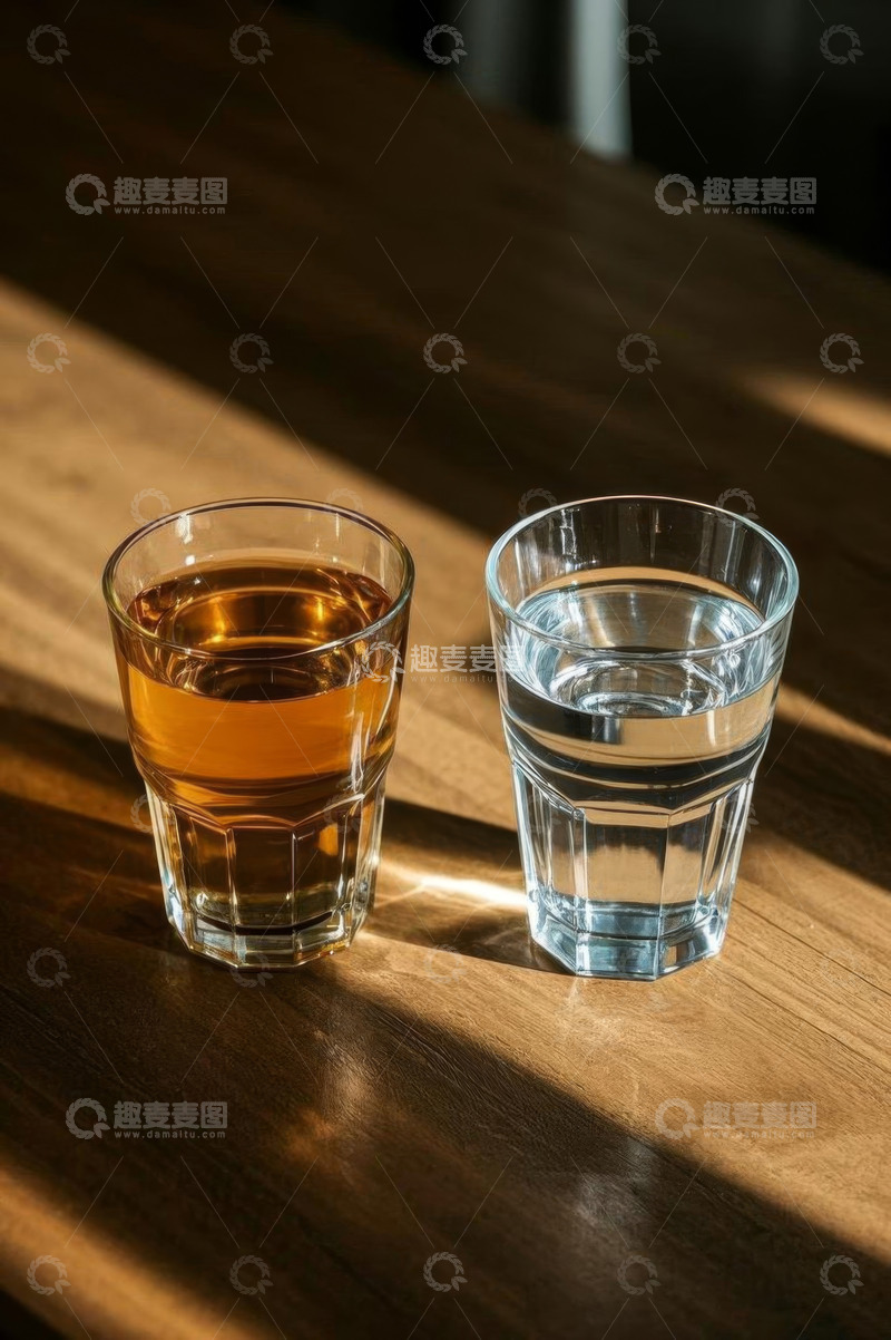 高清大图下载【趣麦麦图】木桌上的饮料与水杯