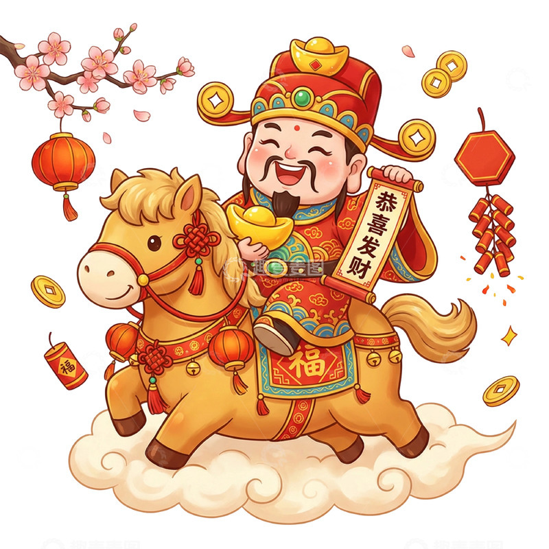 高清大图下载【趣麦麦图】财神骑马贺岁喜庆插画