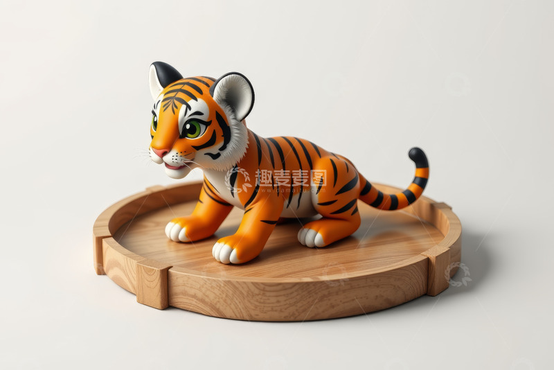 高清大图下载【趣麦麦图】木制托盘上的卡通老虎摆件