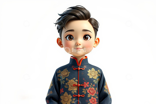 穿中式服装的卡通小男孩
