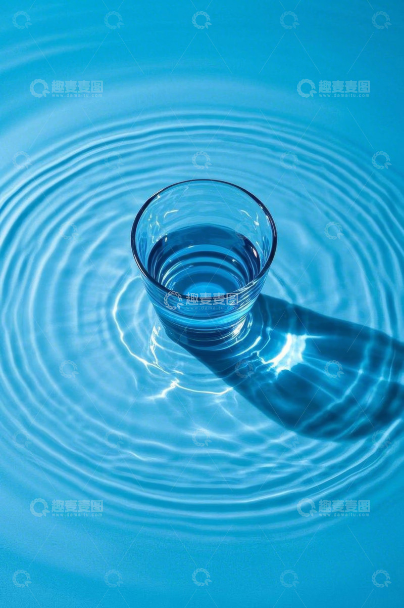 高清大图下载【趣麦麦图】蓝色背景上的玻璃杯与水面涟漪