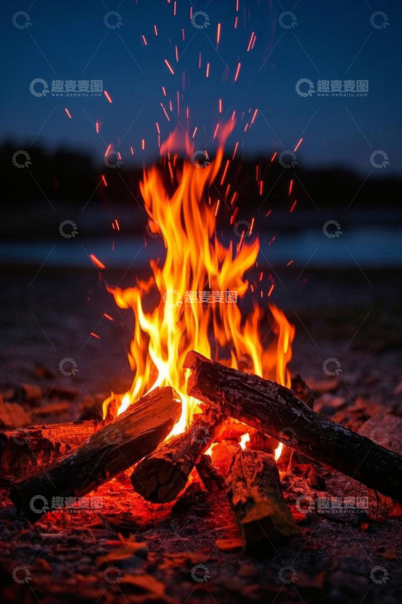 高清大图下载【趣麦麦图】夜晚户外燃烧的篝火