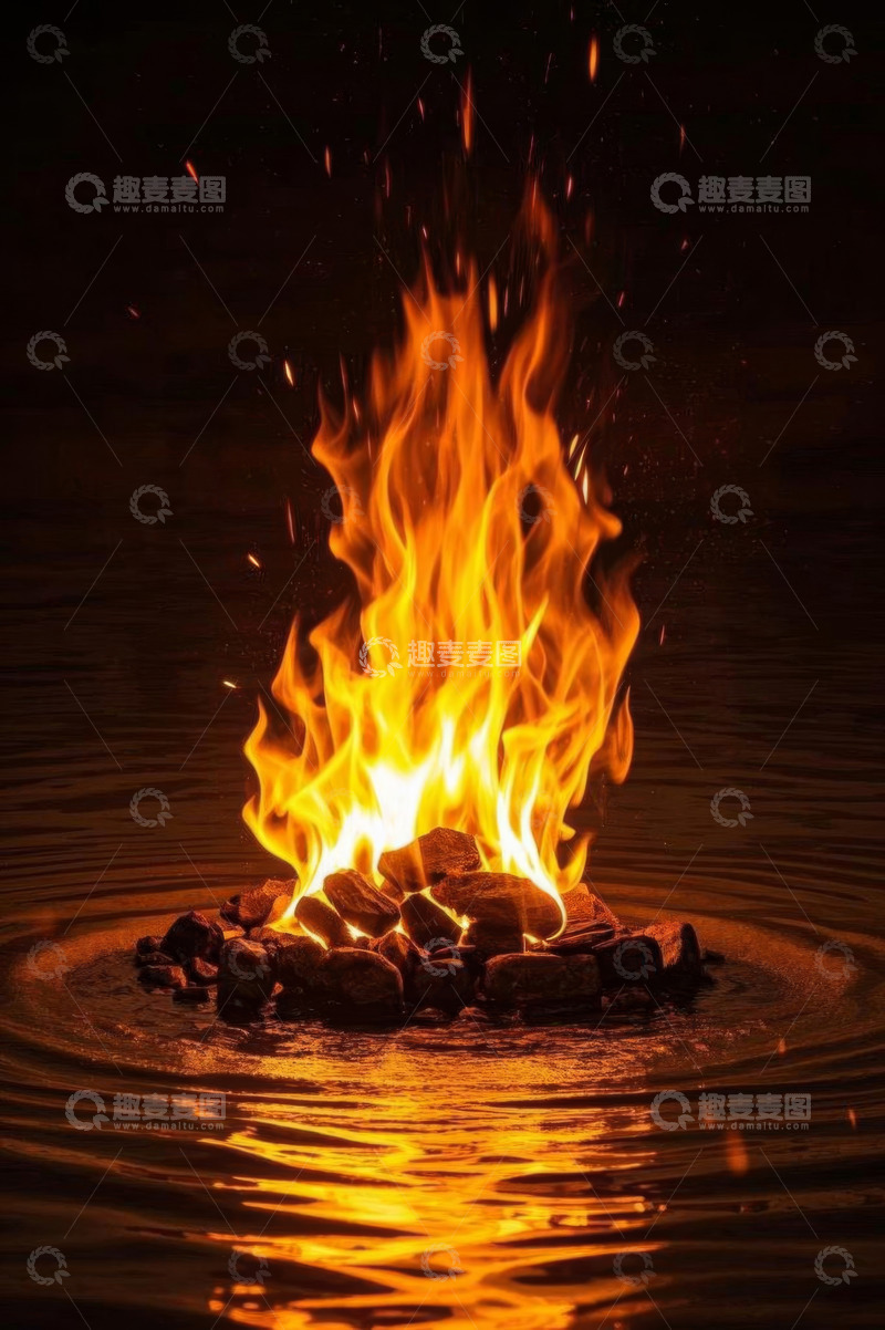 高清大图下载【趣麦麦图】水面上燃烧的篝火火焰