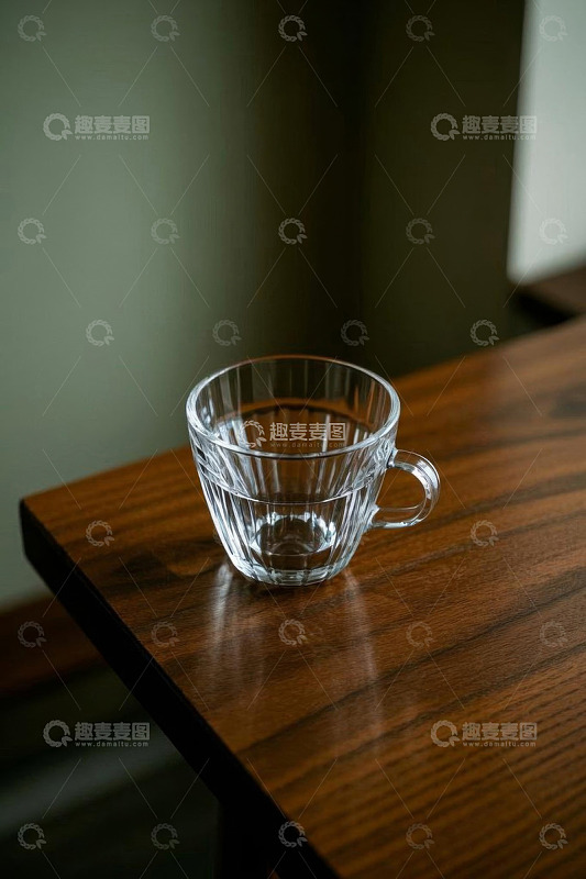 木质桌上的透明玻璃水杯