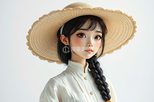 戴草帽编发女孩人像