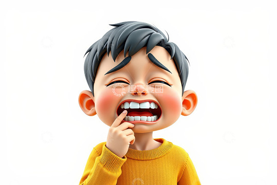 卡通男孩触摸牙齿表情