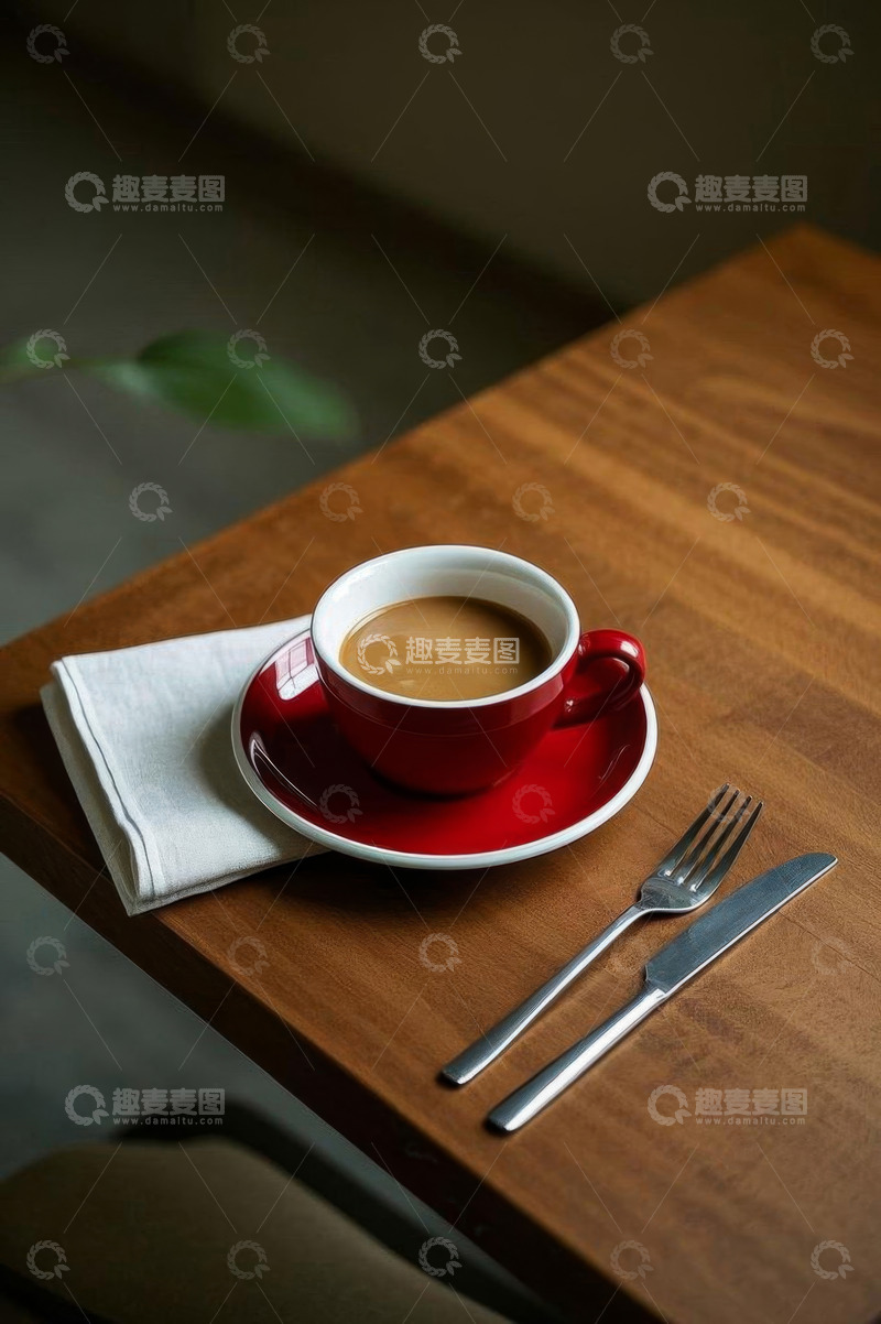 高清大图下载【趣麦麦图】木桌上的红色咖啡杯与餐具
