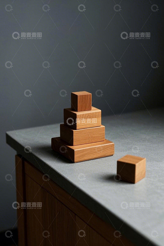 桌上堆叠的木质积木玩具