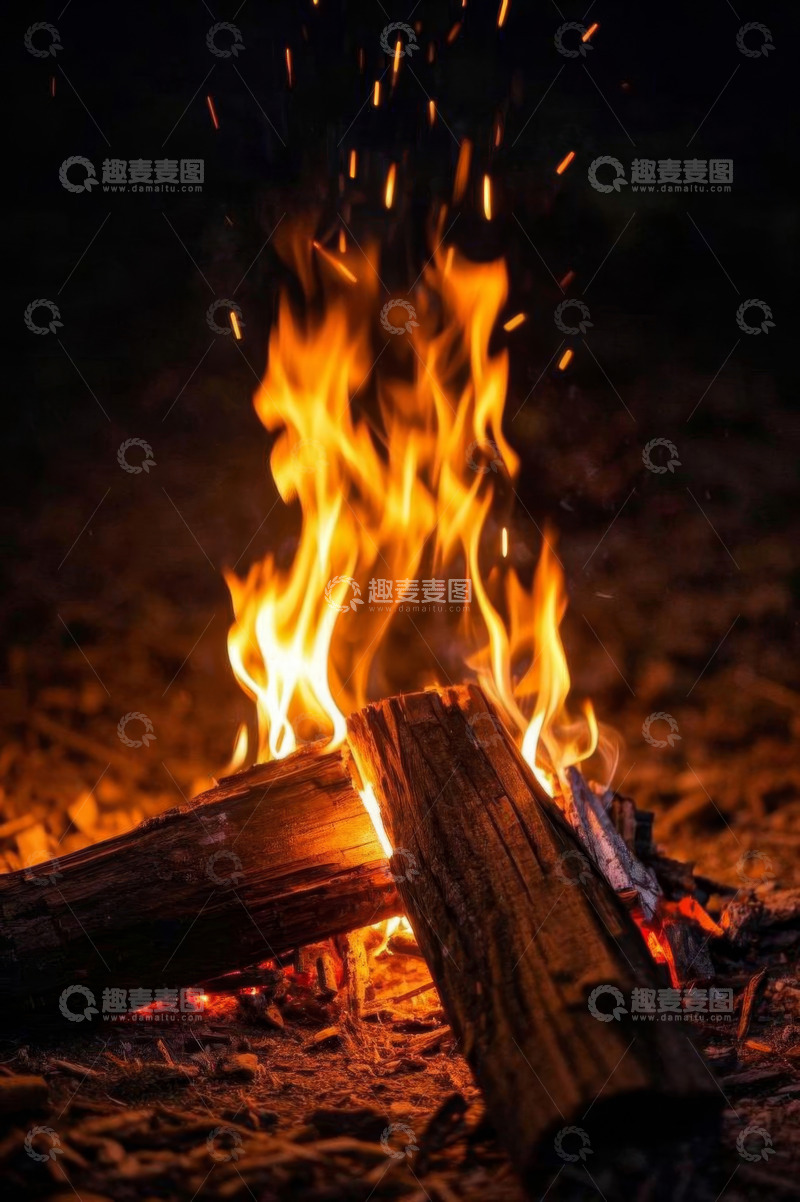 高清大图下载【趣麦麦图】夜晚燃烧的篝火特写