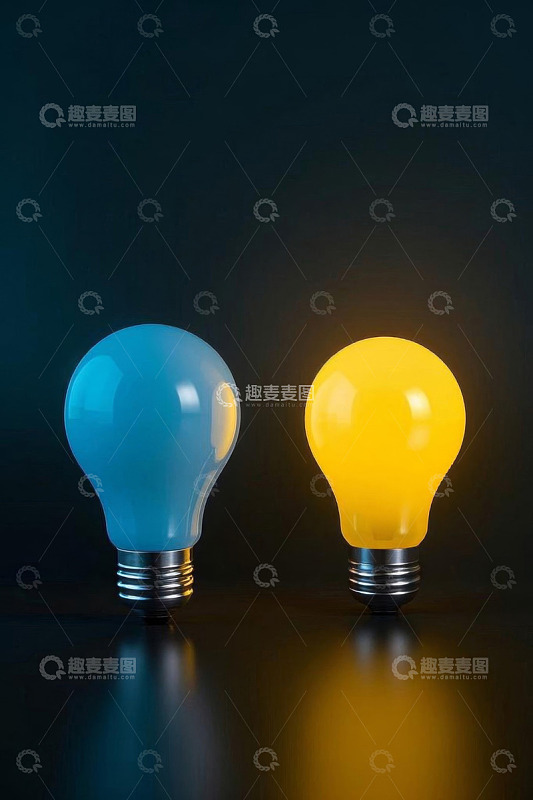 蓝色与黄色发光灯泡特写